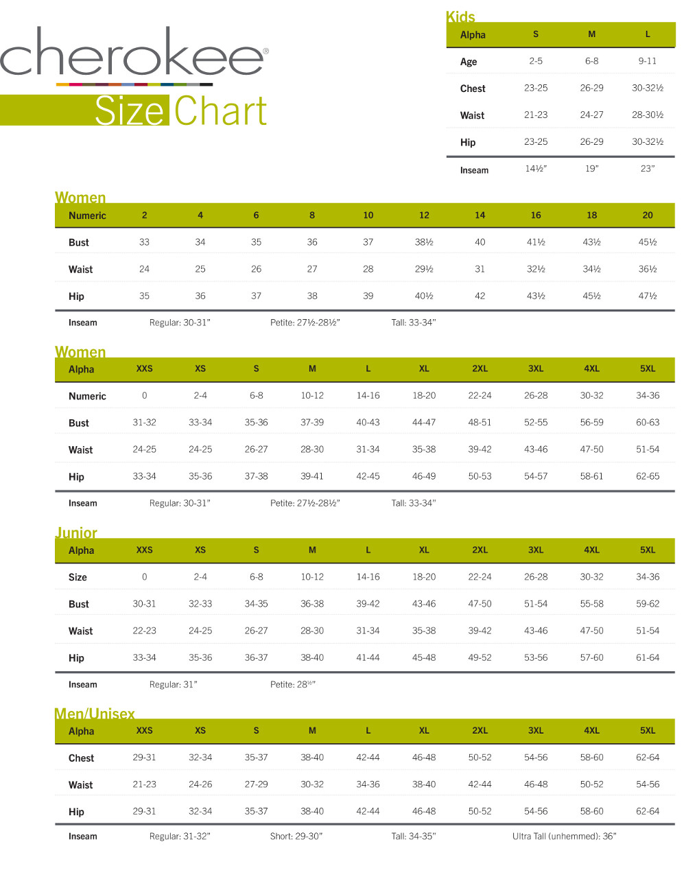 Cherokee Size Charts LITZENBERG Memorial County Hospital